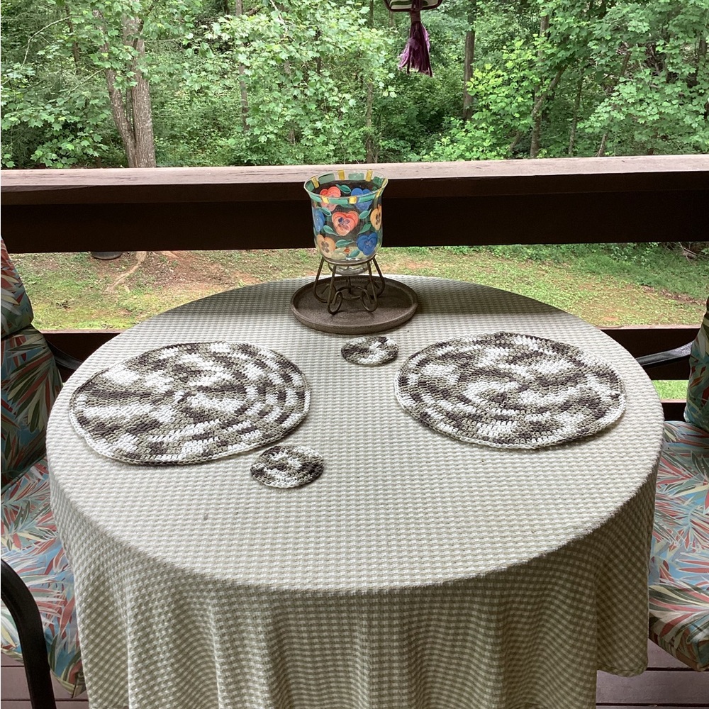 Placemat Coaster Set Hand Crafted Cotton White Brown Green Boho Crochet